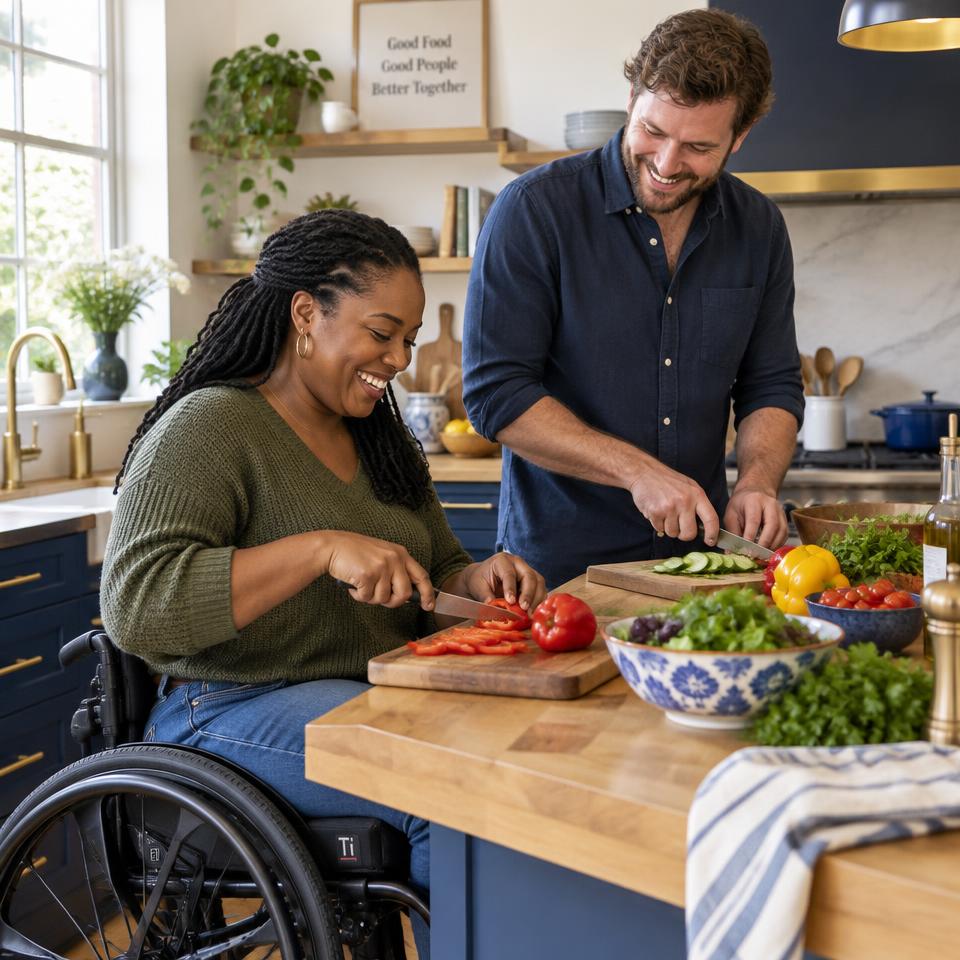 Two adults cooking together and smiling in a bright, welcoming home kitchen