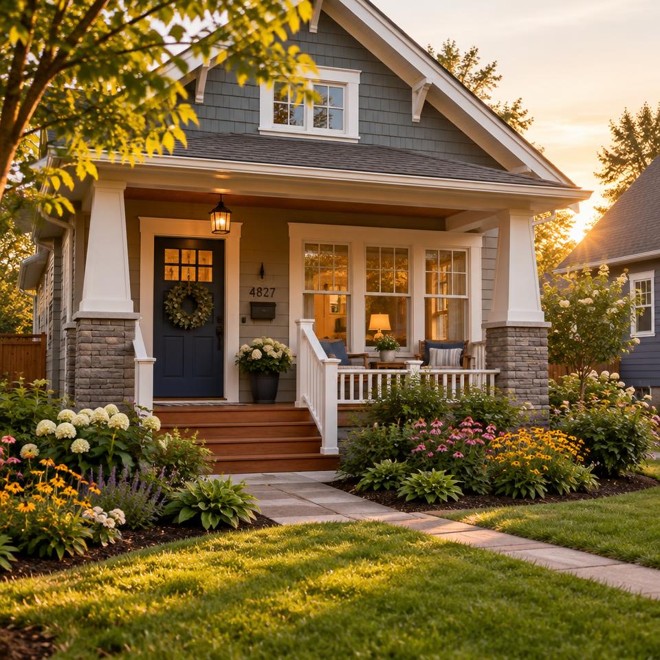 A welcoming craftsman-style home with a front porch and flower garden in golden evening light