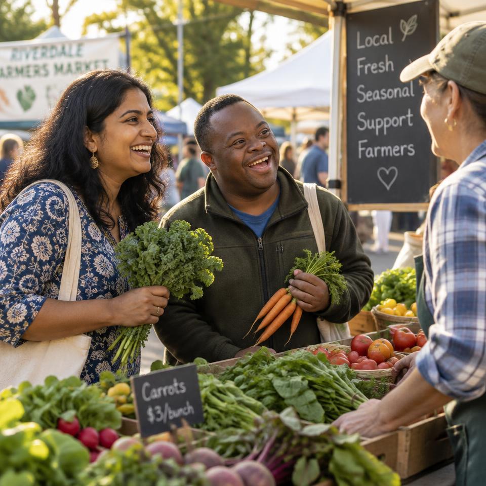 Two adults choosing fresh produce and laughing with a vendor at an outdoor farmers market